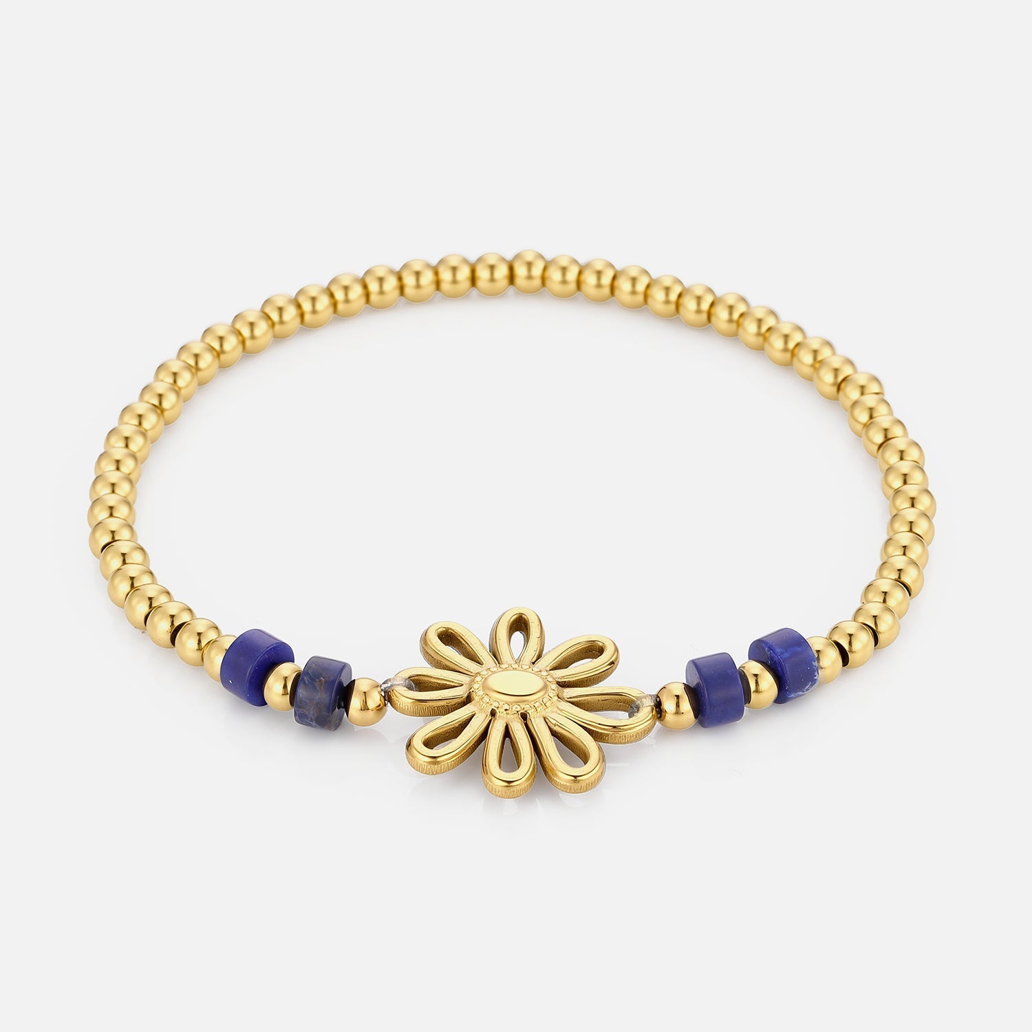 Armband blauwe kralen bloem stretch goud - Desieradenconcurrent.nl