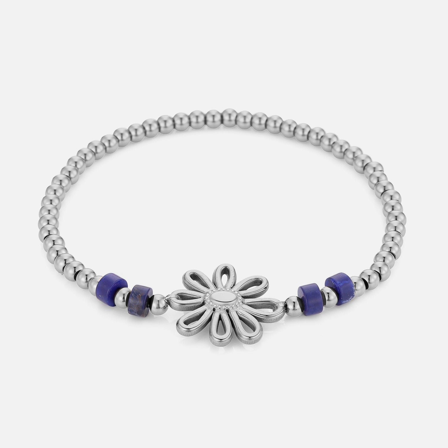 Armband blauwe kralen bloem stretch zilver - Desieradenconcurrent.nl