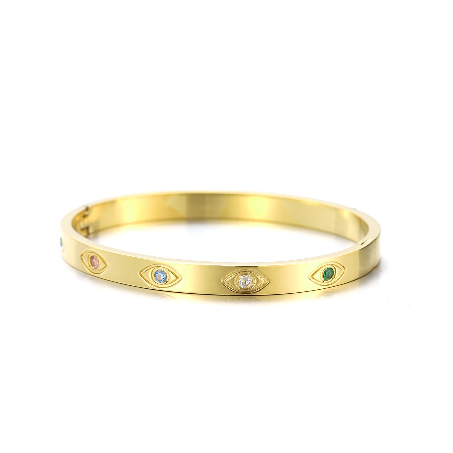 Gouden bangle met ogen, deze dames armband wordt ook wel slaven armband genoemd Zeer goed te combineren met gouden sieraden.