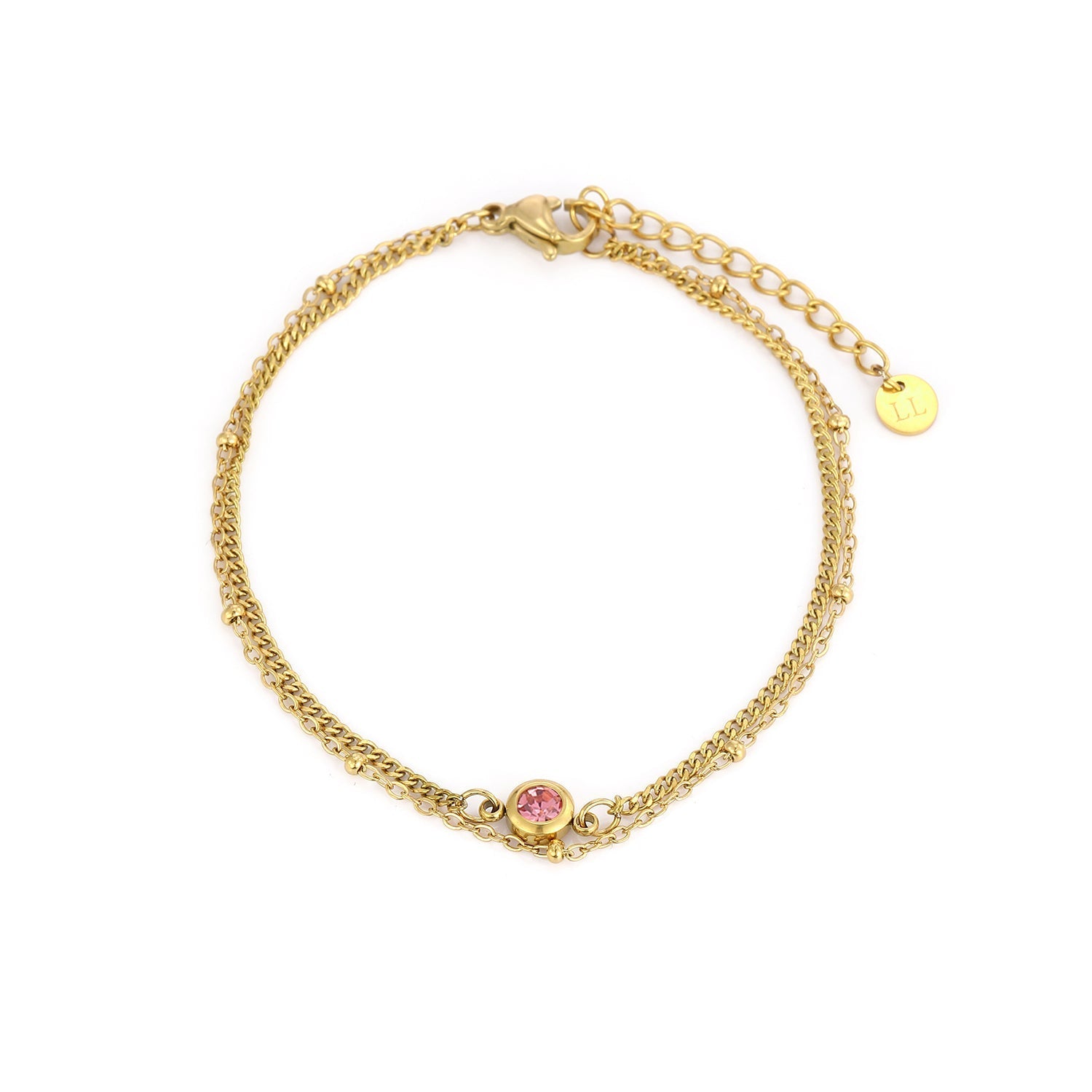 Tweelaags armband met roze steentje goud - Desieradenconcurrent.nl