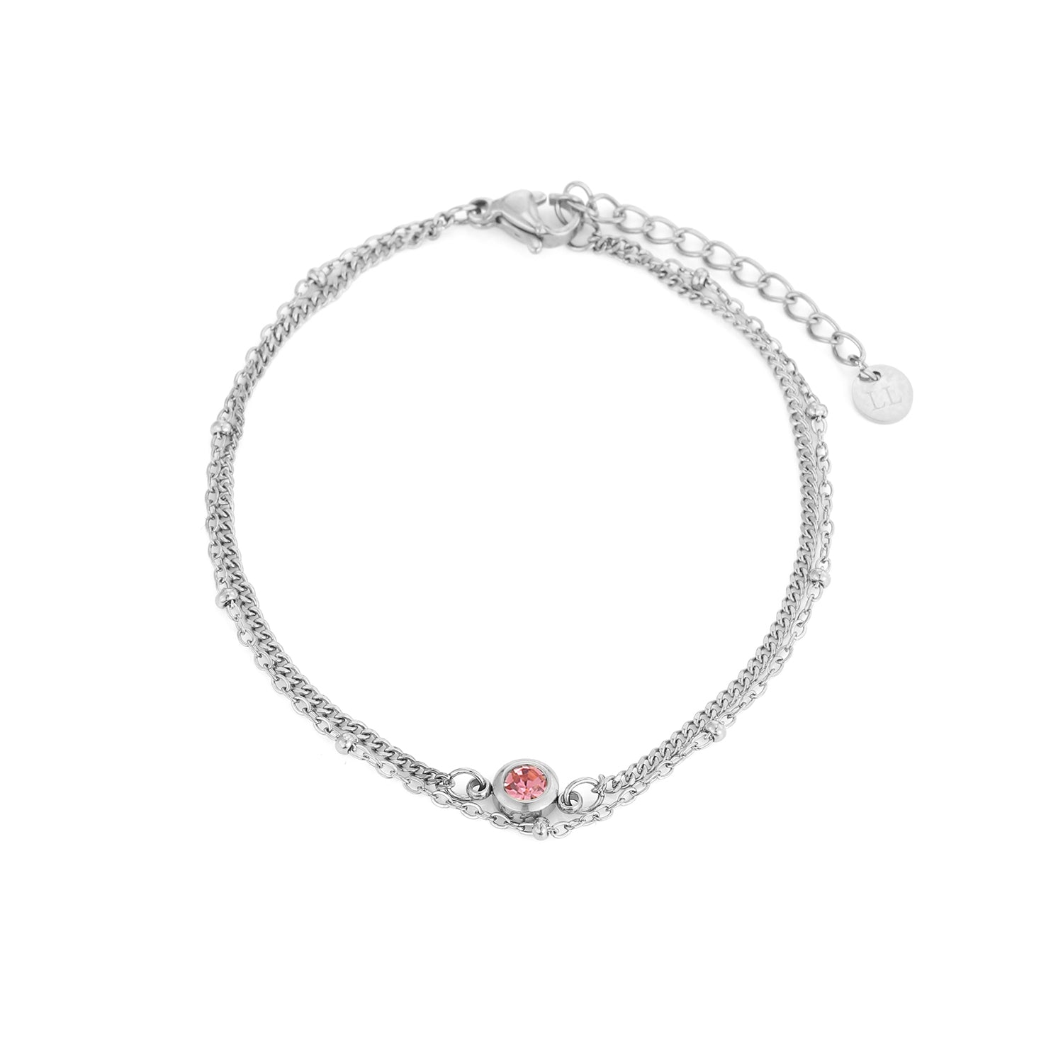 Tweelaags armband met roze steentje zilver - Desieradenconcurrent.nl