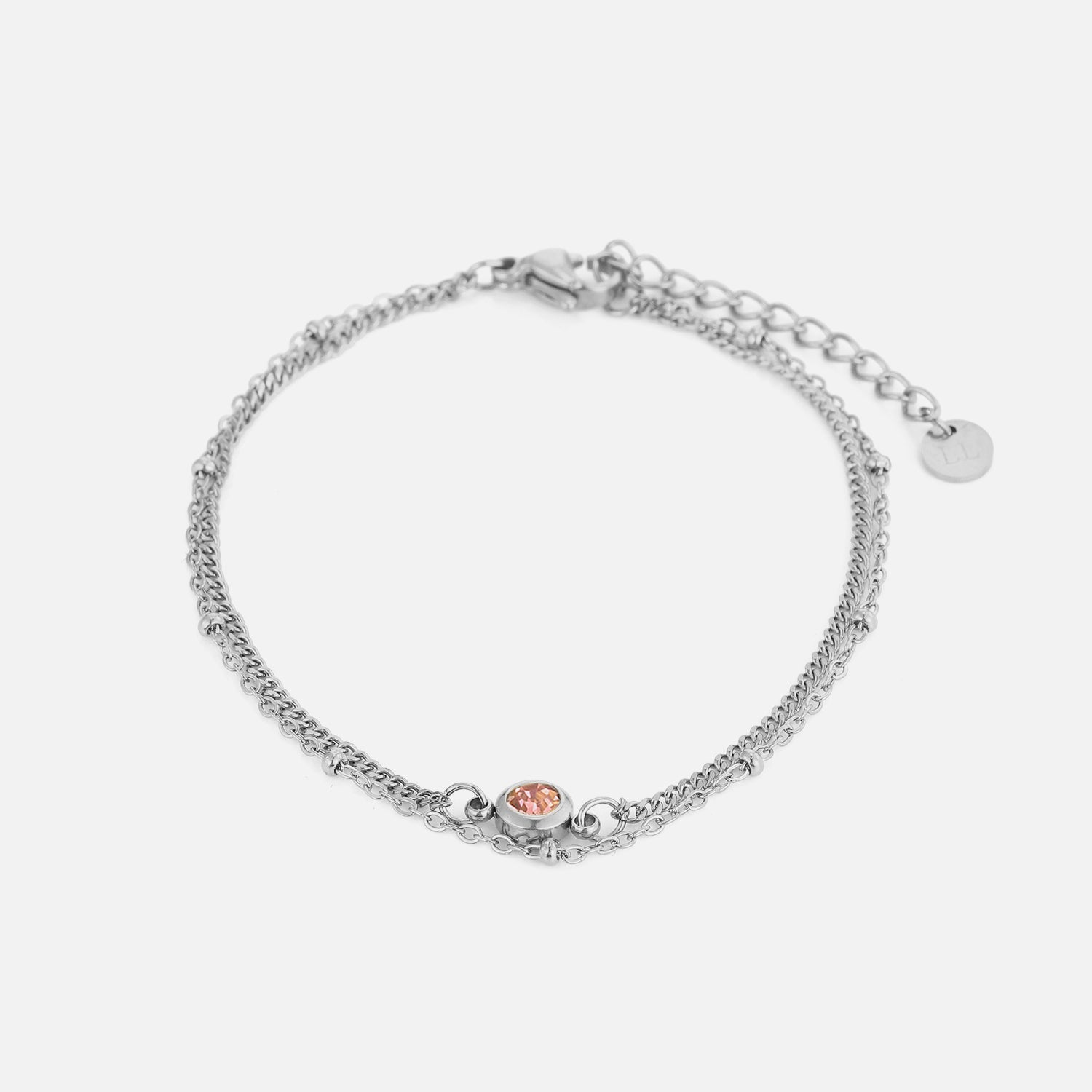 Tweelaags armband met roze steentje zilver - Desieradenconcurrent.nl