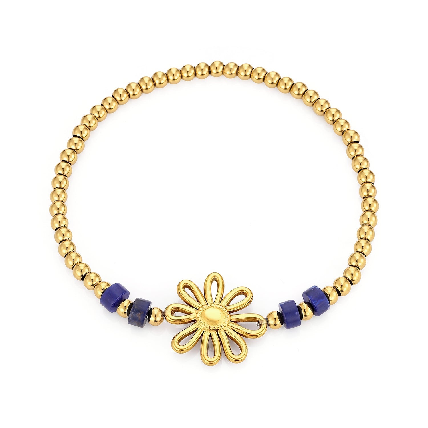 Armband blauwe kralen bloem stretch goud - Desieradenconcurrent.nl