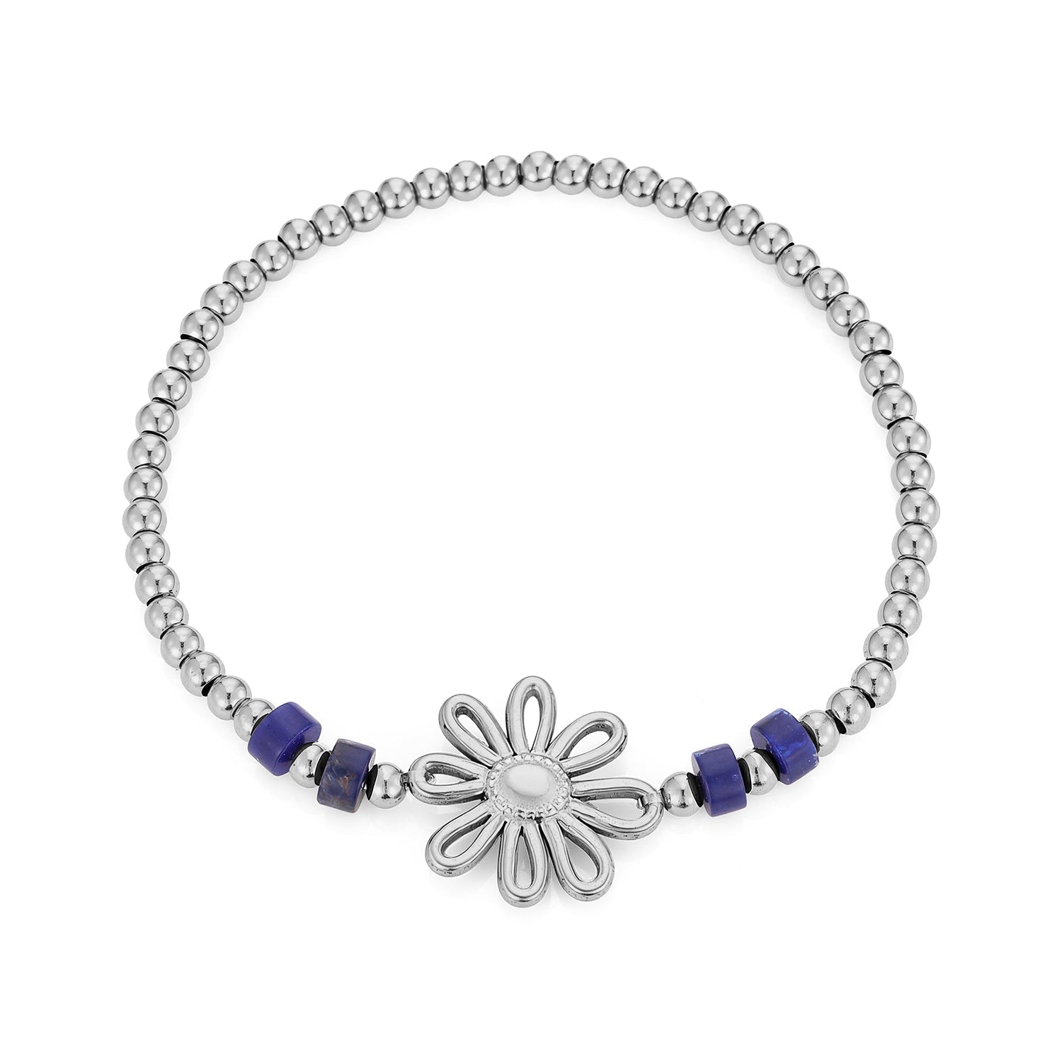 Armband blauwe kralen bloem stretch zilver - Desieradenconcurrent.nl