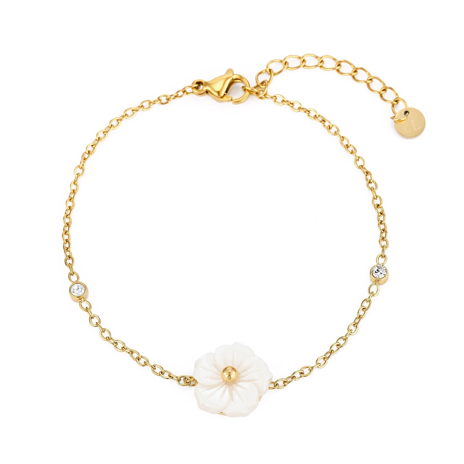 Armband witte bloem goud - Desieradenconcurrent.nl