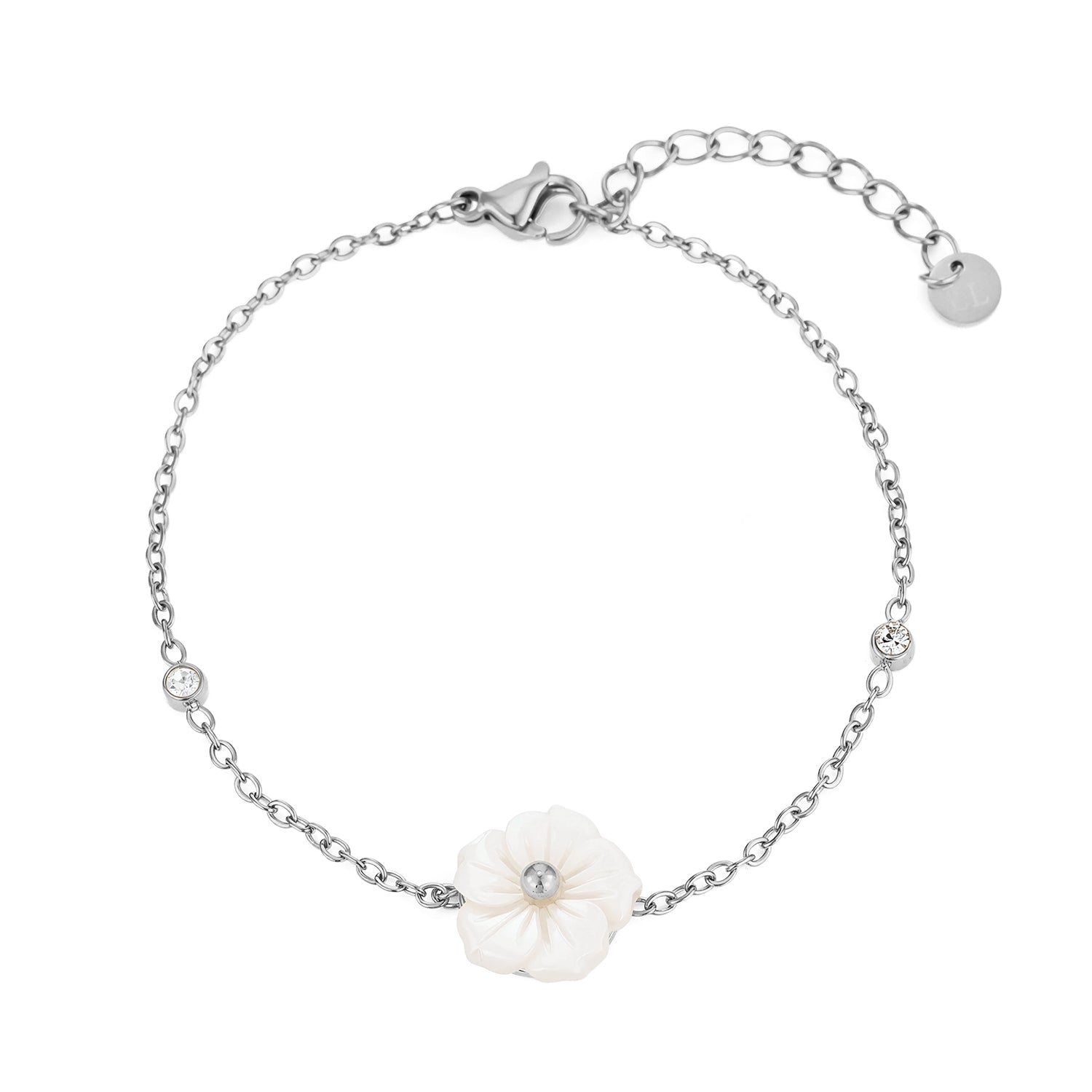 Armband witte bloem zilver - Desieradenconcurrent.nl