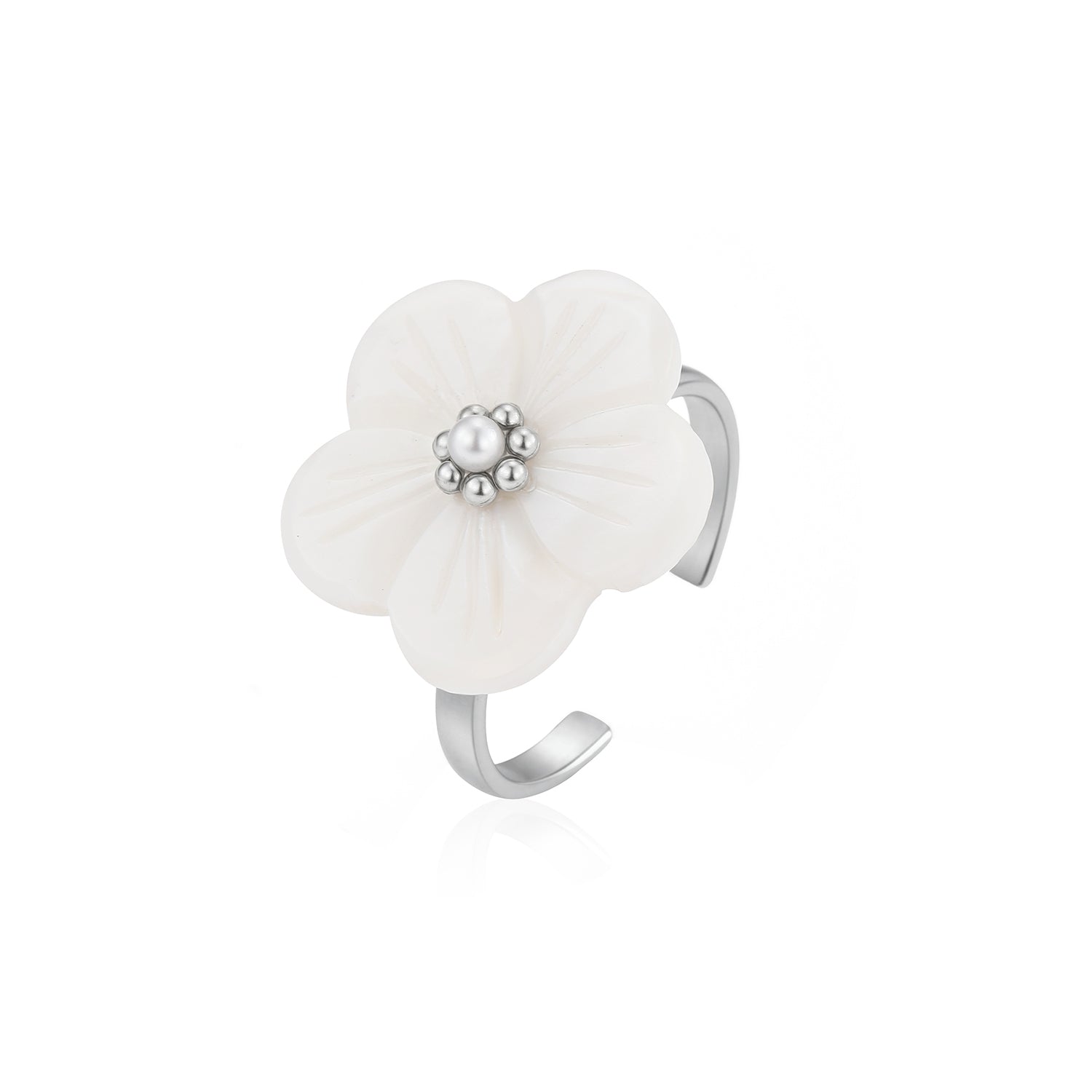 Ring witte bloem zilver - Desieradenconcurrent.nl