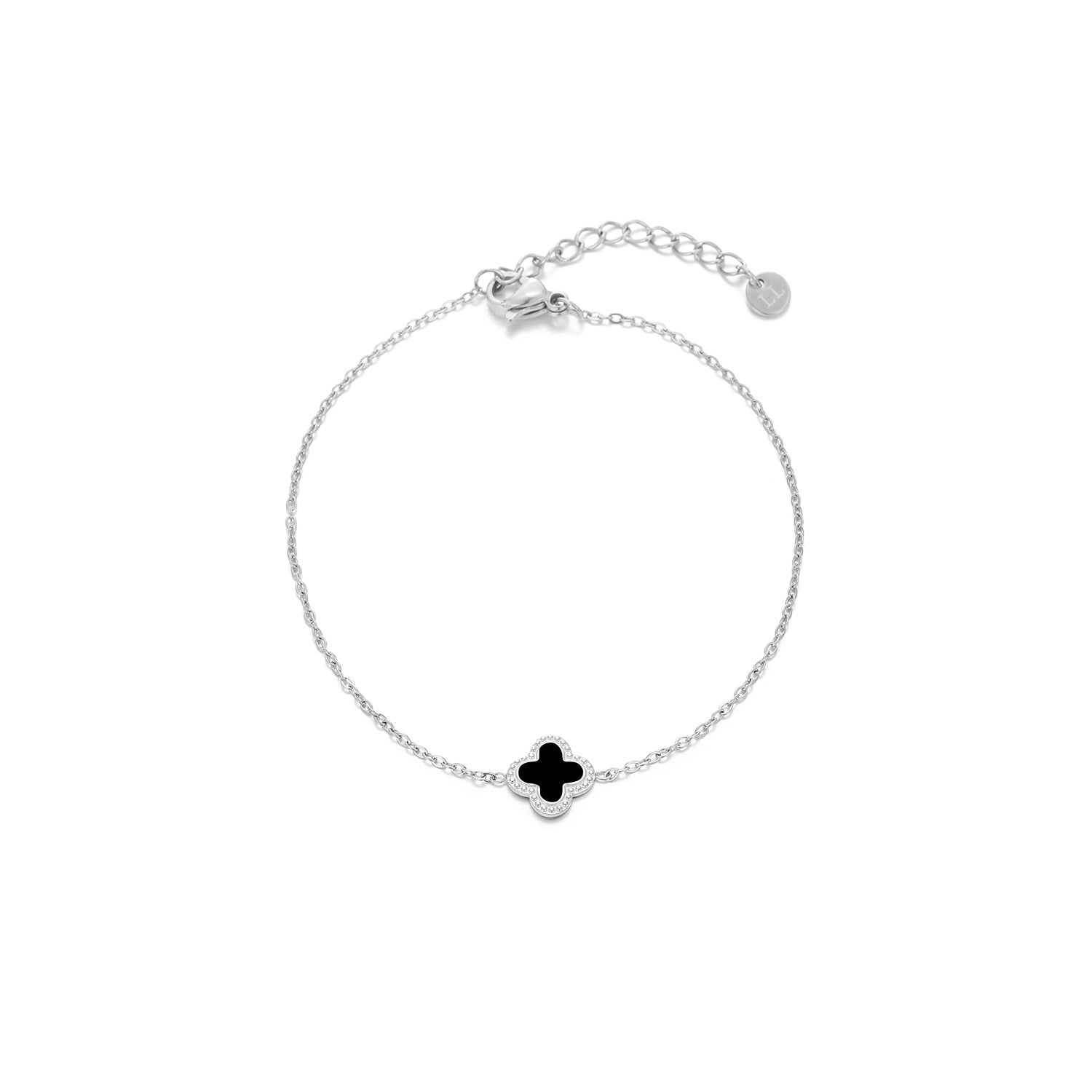 Single klaver armband zilver/zwart - Desieradenconcurrent.nl
